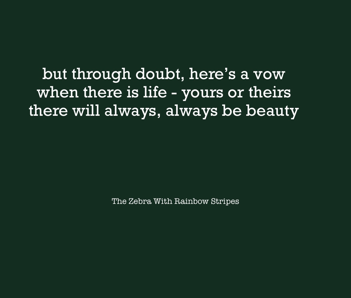 The quote “but through doubt, here’s a vow when there is life - yours or theirs there will always, always be beauty” on a black background 