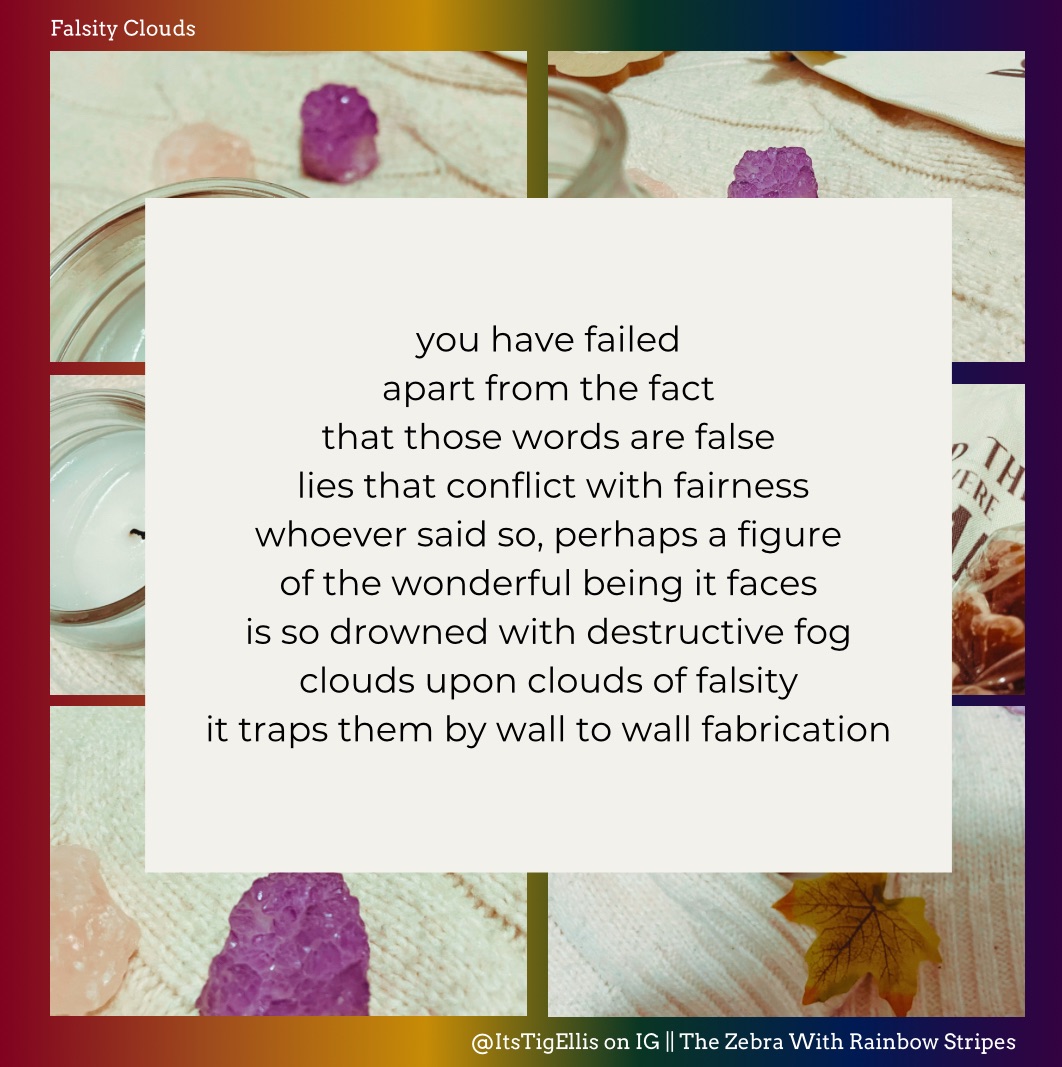 the “Falsity Clouds” poem on a white box of pictures on a rainbow background of a cosy flatlay