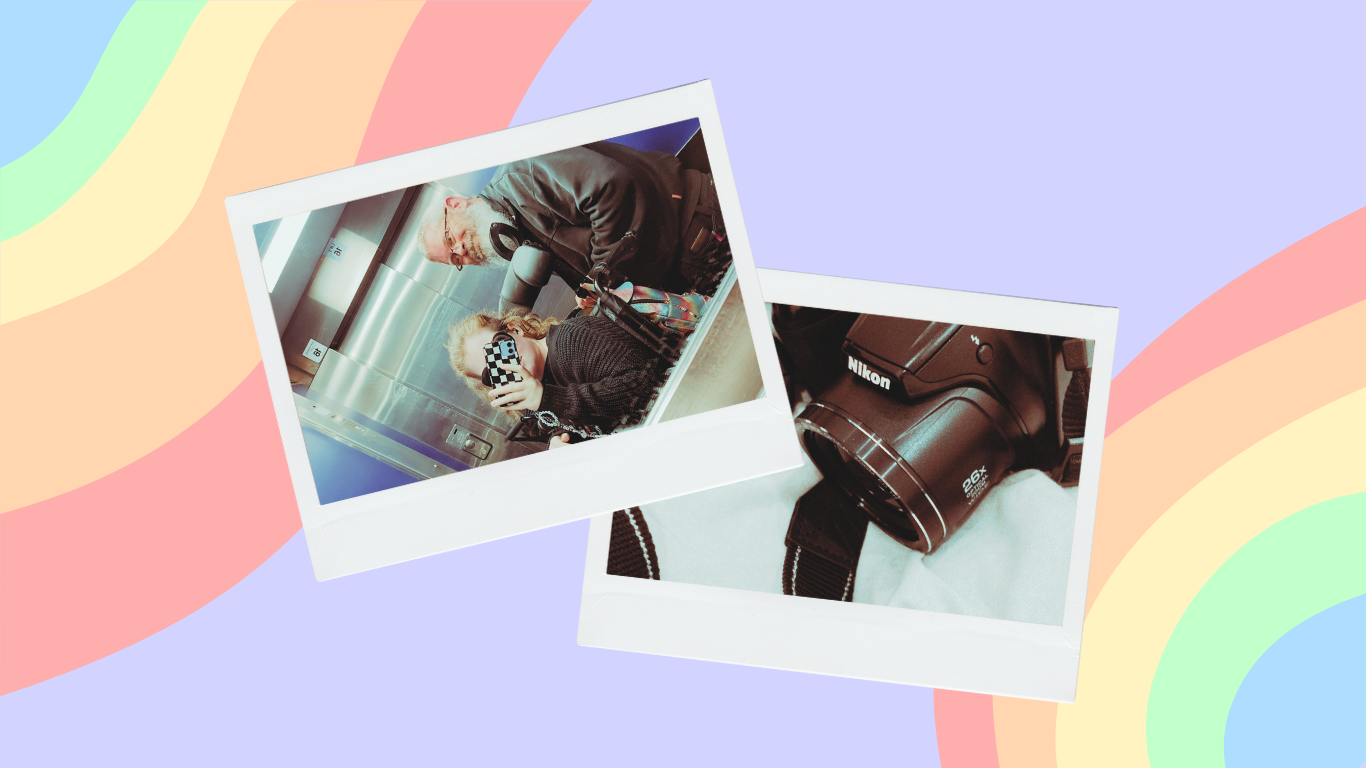 Two polaroids - one of Tig and their dad taking a photo in a hospital lift’s mirror and the other of a camera - on a lilac background with two pastel rainbow 