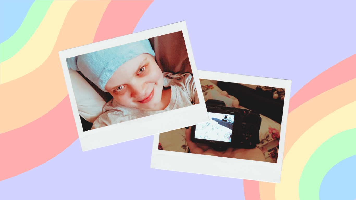 Two polaroids - one of Tig wearing a furry teddy hat and led on a pillow, smiling and the other of a camera taking a photo of a bed - on a lilac background with two pastel rainbow 