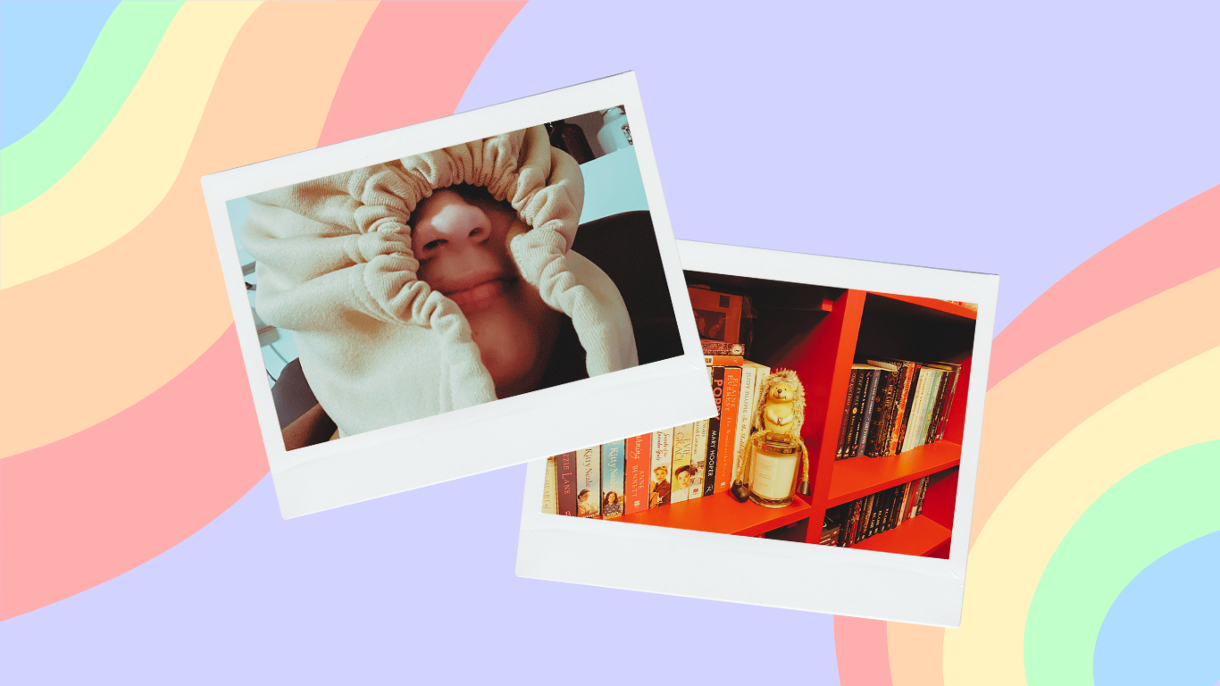 Two polaroids - one of Tig with a hood covering most of his face and the other of a bookshelf - on a lilac background with two pastel rainbow 