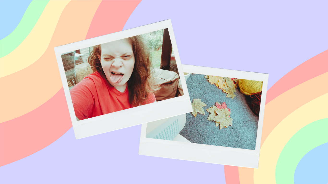 Two polaroids - one of Tig poking his tongue out and the other of an autumnal flatlay with a book, faux leaves and yarn - on a lilac background with two pastel rainbow 