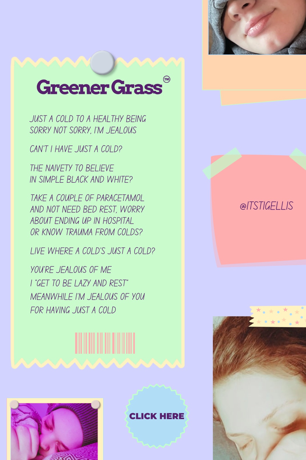 A cartoon style pinboard with Tig Ellis’ “Greener Grass” as a receipt, photos of Tig and a post it note with “@ItsTigEllis”