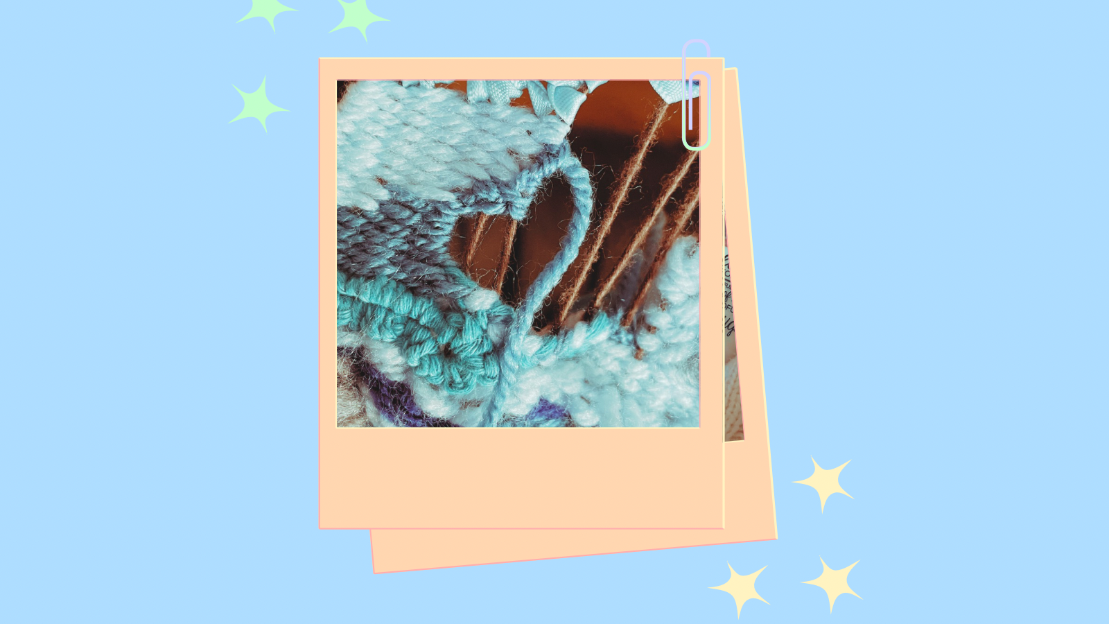 A cartoon style a heart shape in an unfinished weave. The background features a light orange setting with cartoon stars.