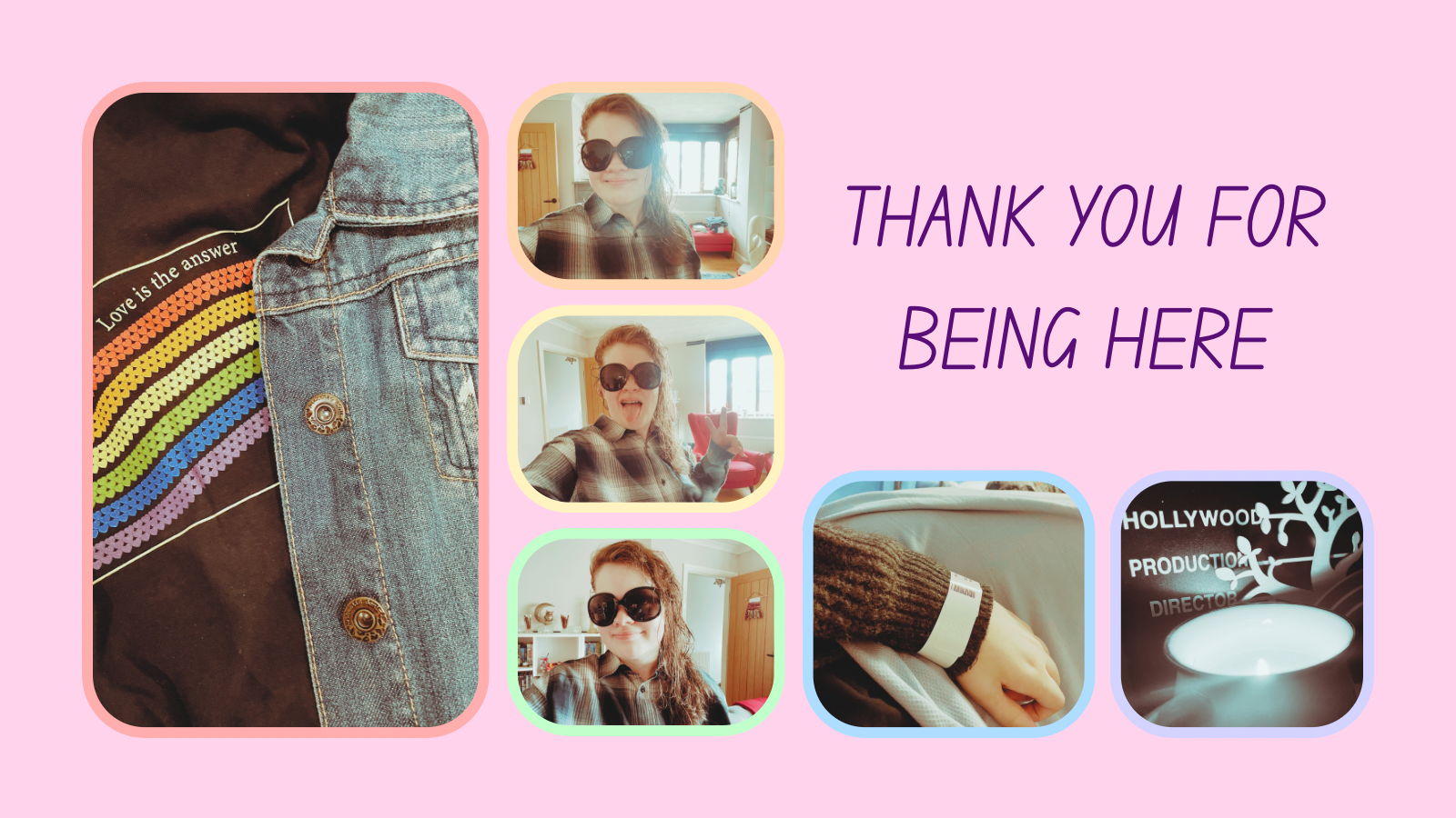 photos of Tig, a POV shot from a hospital bed, a shot of a pride tee and denim jacket and one of a lit candle on a light pink background with “thank you for being here” in dark purple 